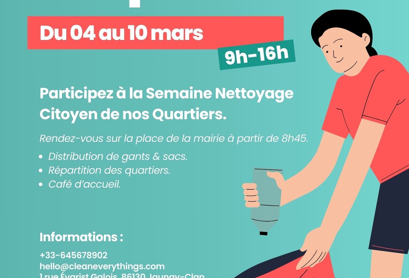 Affiche de l'opération Ville propre du 4 au 10 mars, de 9 heures à 16 heures : semaine de nettoyage citoyen des quartiers, rendez-vous sur la place de la mairie à partir de 8 h 45.